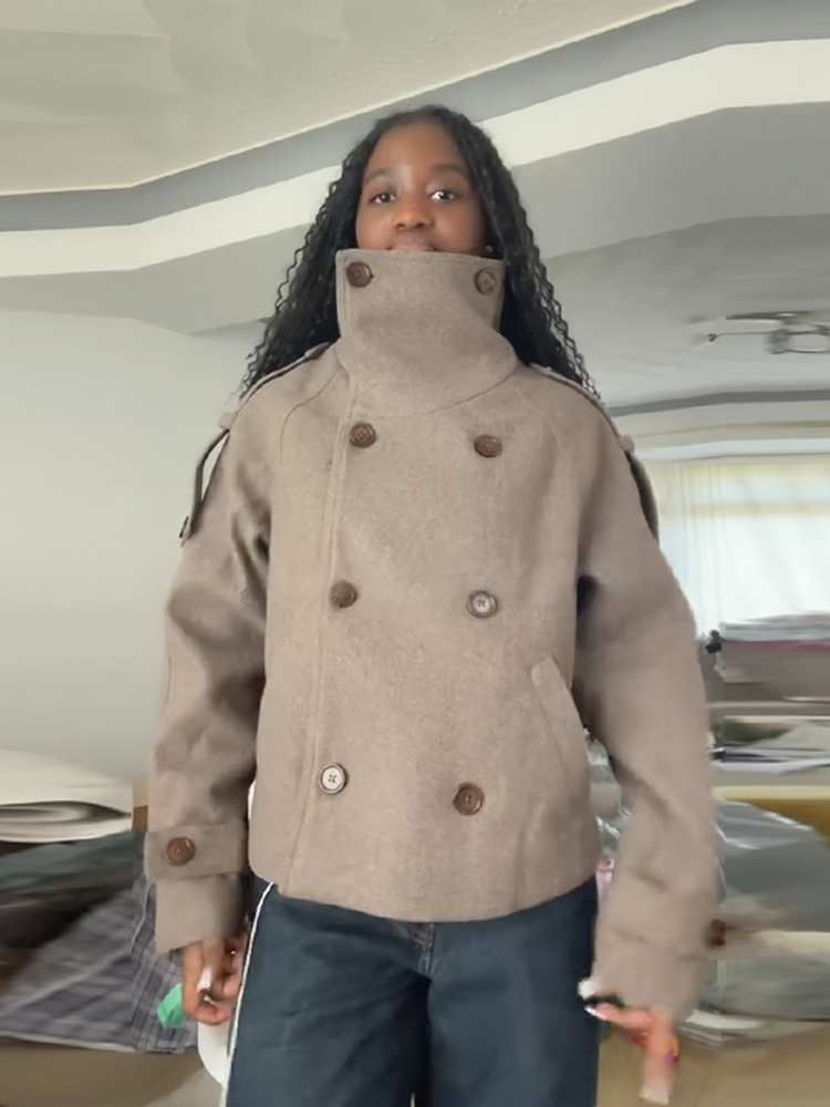 Wool Coat Peacoat - Jaqueta Feminina Marrom Curta com Gola