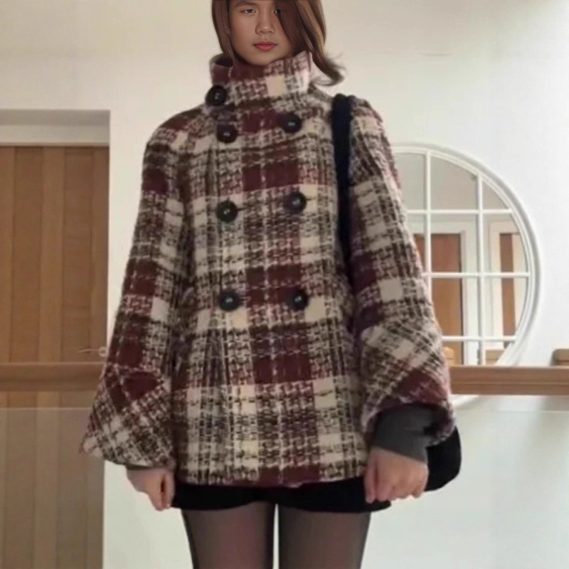 Wool Coat Peacoat - Casaco Feminino Xadrez Quente de Gola